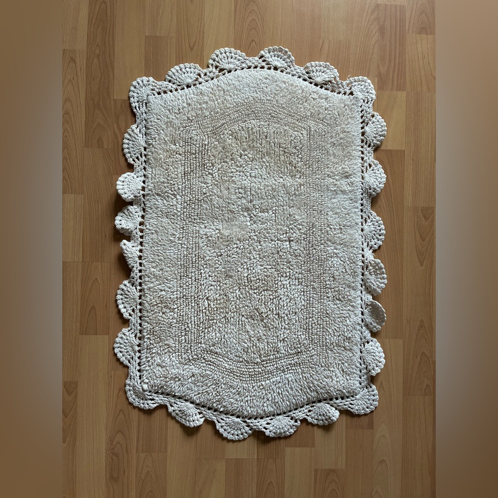Bath Rug Mat Heathered Crochet Border 100% Cotton 20" x 32" Skid-Resistant Ivory